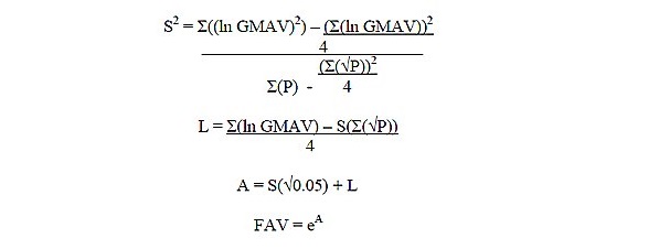 Equation for calculating the final acute value using four selected genus mean acute values and probabilities.