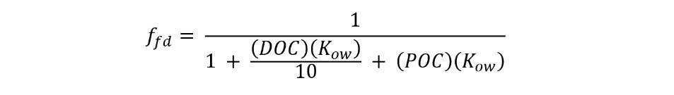 Equation for calculating the fraction of total chemical in the ambient water that is freely dissolved.