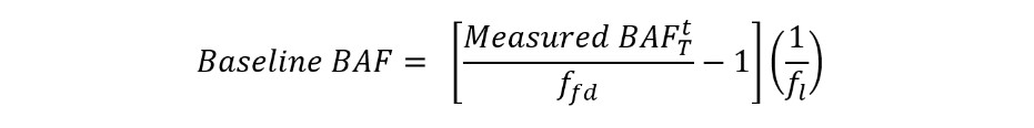 Equation for calculating the baseline bioaccumulation factor (BAF) from a field-measured bioaccumulation factor (BAF).