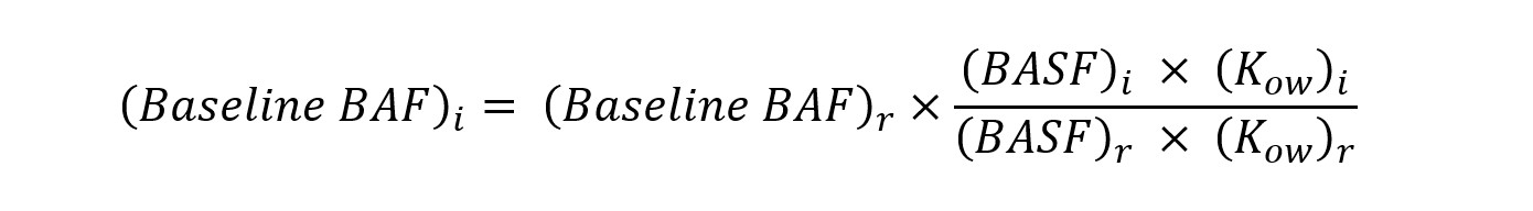 Equation for calculating the baseline bioaccumulation factor (BAF) from a field-measured biota-sediment accumulation factor (BSAF).