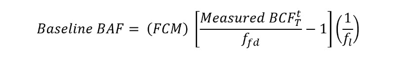 Equation for calculating the baseline bioaccumulation factor (BAF) from a laboratory-measured bioconcentration factor (BCF).