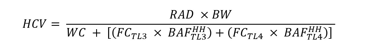 Equation for calculating the tier one human cancer criteria (HCC) and tier two human cancer values (HCV) for carcinogens.