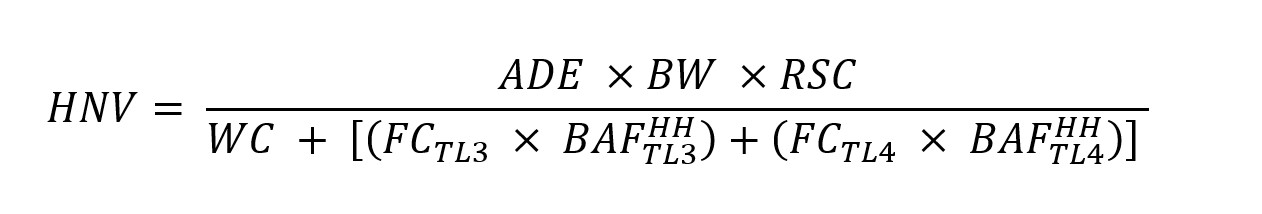 Equation for calculating the tier one human noncancer criteria (HCC) and tier two human noncancer values (HCV) for noncarcinogens.