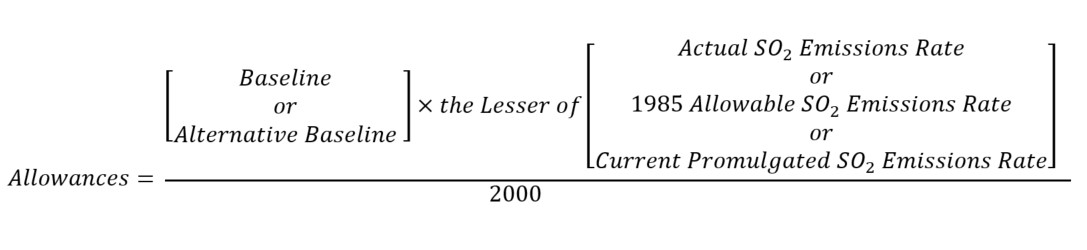 Equation for calculating the allowances for sulfur dioxide (SO2) emissions for the year that includes the effective date of the promulgated SO2 emissions limit and for each year thereafter equals.