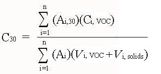 Equation for calculating the rolling thirty-day average volatile organic compound (VOC) content expressed in pounds of VOC per gallon of coating, excluding water and exempt solvents, for each day of operation of a dip coater.