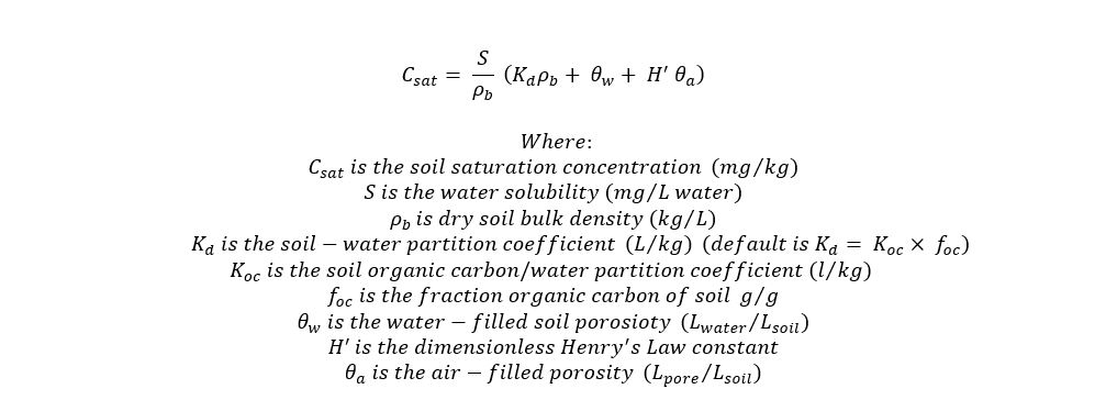 Equation for calculating a property-specific soil saturation concentration.