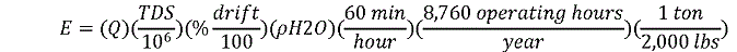 Equation for calculating the particulate matter emission rate using water flow rate, total dissolved solids concentration, and per cent drift.