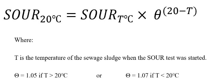 SOUR sub 20 degrees C equals SOUR sub T degrees C times theta sup 20 minus T. Theta is 1.05 if T is greater than 20 degrees C and 1.07 otherwise.