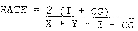 RATE equals 2 times start fraction I plus CG over X plus Y minus I minus CG end fraction.