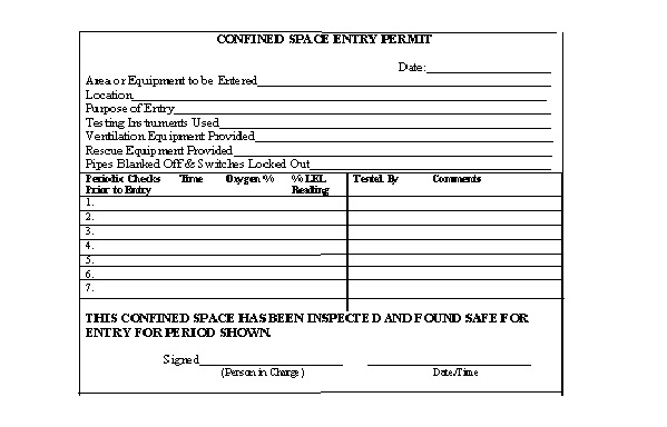 Example of a confined space entry permit tag to be used during the inspection of a confined space before any entry.
