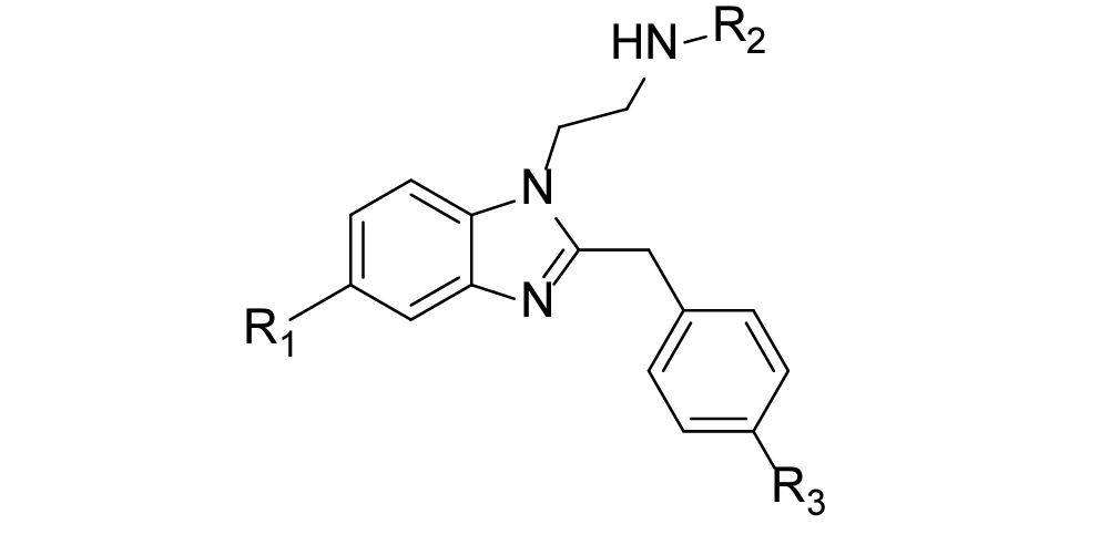 A diagram of a polar functional group or alkyl or aryl or a halogen substitutions in the R1 or R2 or R3 positions. Where R1 is located at the 8-position of benzimidazole; R2 is located at the end of the ethanamine chain; and R3 is located at ortho-position of the benzyl ring.