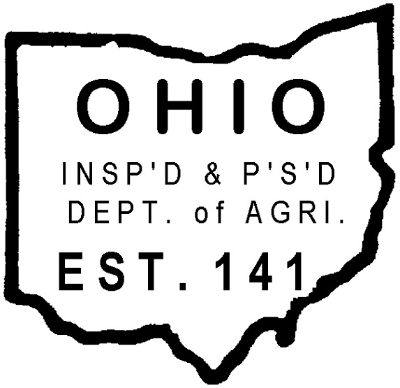 The format of the official inspection legend is shown at the size of one and three quarter inches. The required information is shown in all caps, inside the outline of the state of Ohio with the word "OHIO" spelled out on the first line, the next line spells out "INSP'D & P'S'D," the third line spells out "DEPT. of AGRI.," and the fourth line spells out "EST." followed by the establishment number.