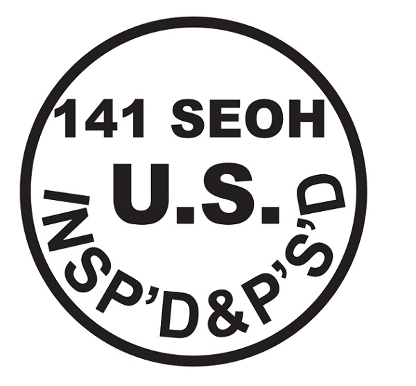 The format of the official inspection legend is shown at the size of one and one quarter inches. The required information is shown in all caps, inside the outline of a circle with the establishment number spelled out on the first line, the next line spells out "U.S.," the third line spells out "INSP'D&P'S'D" which follows along the inside bottom of the circle.