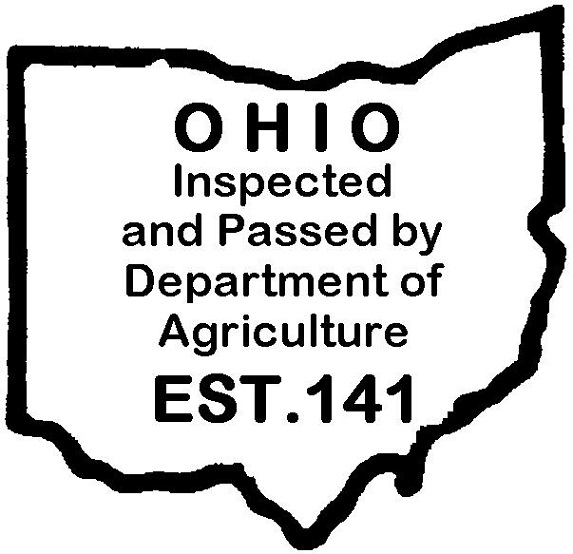 The format of the official inspection legend is shown at a size that is sufficient and of such color as to be conspicuously displayed and readily legible with bold type. The required information is shown in bold type, inside the outline of the state of Ohio with the word "OHIO" spelled out on the first line in all caps, the next line spells out "Inspected," the third line spells "and Passed by," the fourth line spells out "Department of," the fifth line spells out "Agriculture" and the sixth line in call caps spells out "EST." in all caps and lists the official establishment number.