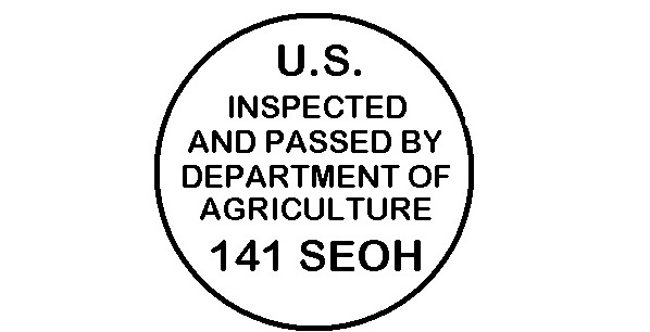 The format of the official inspection legend is shown at a size that is sufficient and of such color as to be conspicuously displayed and readily legible with bold type. The required information is shown in bold type, all caps, inside the outline of a circle, with the abbreviation "U.S." on the first line, the second line spells out "INSPECTED," the third line spells out "AND PASSED BY," the fourth line spells out "DEPARTMENT OF," the fifth line spells out "AGRICULTURE," and the last line lists the establishment number.