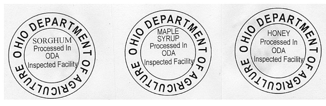 The ODA seals of conformity and inspection are displayed as three circular logos. Each logo features an outer and inner circle with the phrase "OHIO DEPARTMENT OF AGRICULTURE" in uppercase along the outer border. Inside the inner circle, the first logo reads "SORGHUM," the second "MAPLE SYRUP," and the third "HONEY." All three include the following lines: "Processed In," "ODA," and "Inspected Facility."